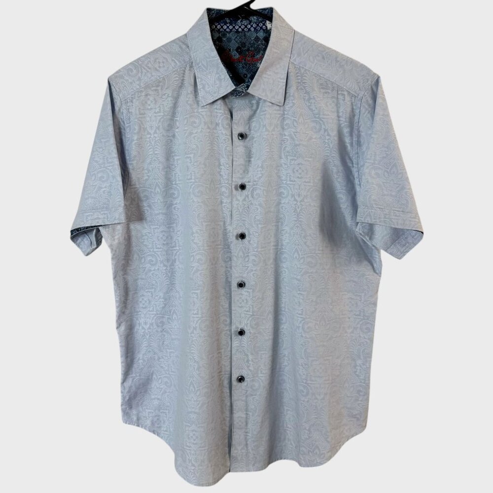Robert Graham Shirt Blue Men's Large Jacquard Short-Sleeve Button-Up 100% Cotton